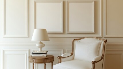 Elegant White Leather Wingback Chair in a Luxurious Room with Empty Picture Frames