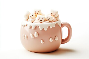 Smiling marshmallows floating in a pink mug of hot cocoa, a delightful winter treat.