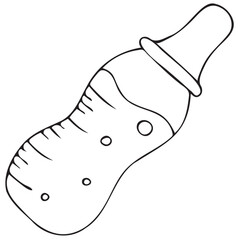 baby measuring bottle for feeding small children and newborns with milk or water, cute children s black and white vector coloring, line art, outline