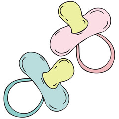 gender party, pink and blue pacifiers, nipples, boy or girl,, vector cute colored children s element in doodle style with black outline, delicate colors