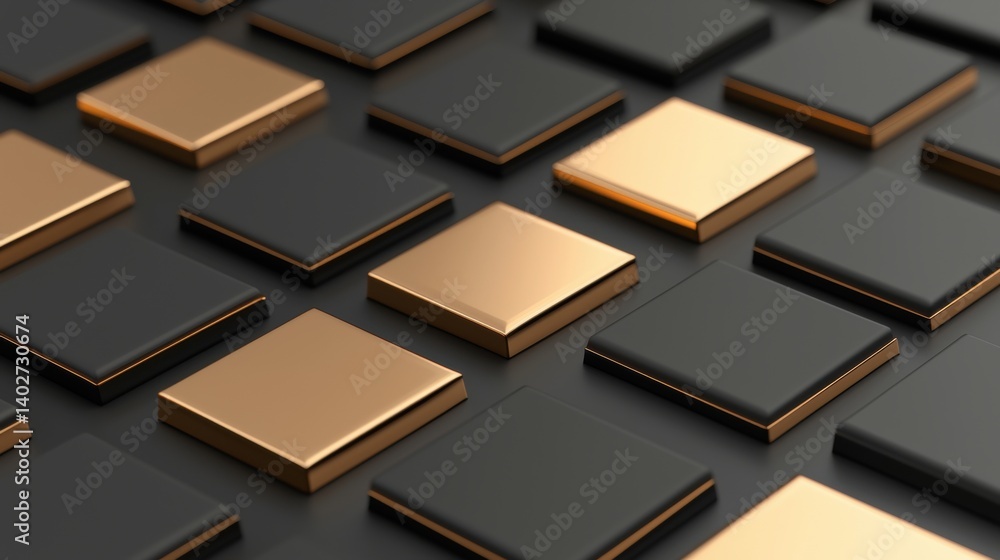 Poster a 3d rendering of a grid of squares with gold and black colors.