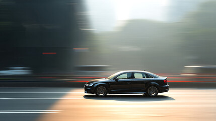 Obraz premium Black sedan car driving fast on highway road motion blur automotive photography and transport concept