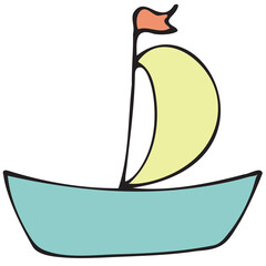 children s boat with a sail and a flag for a boy, vector cute colored children s element in doodle style with black outline, delicate colors