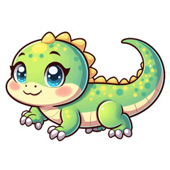 Fototapeta premium Charming cartoon illustration of a cute gecko with big, adorable eyes, brown markings, and a friendly smile, crawling. Represents adorable animals, reptile wildlife, and children's themes.