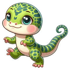 Fototapeta premium Charming cartoon illustration of a cute gecko with big, adorable eyes, brown markings, and a friendly smile, crawling. Represents adorable animals, reptile wildlife, and children's themes.