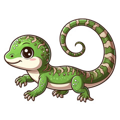 Fototapeta premium Charming cartoon illustration of a cute gecko with big, adorable eyes, brown markings, and a friendly smile, crawling. Represents adorable animals, reptile wildlife, and children's themes.