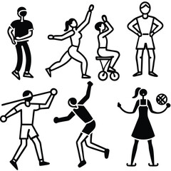 Black silhouette vector set depicts business people and fashion figures in various actions like walking and shopping
