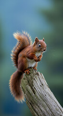 Obraz premium Alert red squirrel perched on a tree branch in a natural forest setting, showcasing its bushy tail and nimble posture.