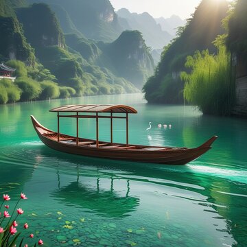 "Traditional Wooden Boat on Tranquil Emerald River in Scenic Mountain Landscape"