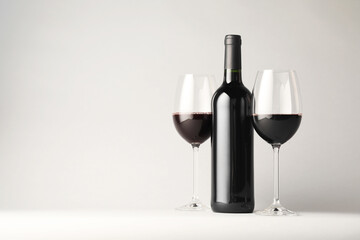 Tasty red wine in glasses and bottle on light grey background, space for text