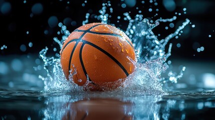 Wet basketball splashing in dark studio