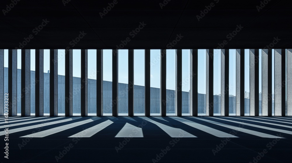 Poster a minimalist architectural design with a black ceiling and floor, featuring a series of vertical sla