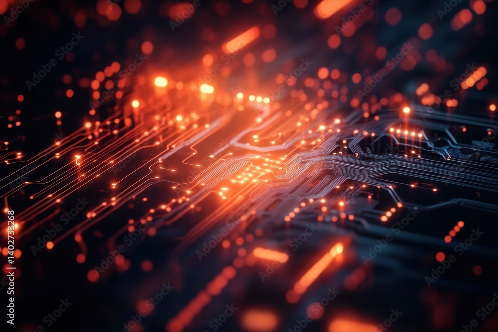 Poster abstract depiction of a circuit board illuminated with orange and red lights in a dark environment