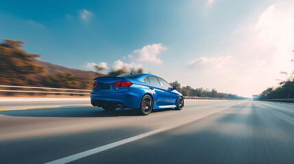 Blue car driving on highway speed motion blur transportation vehicle automotive performance sky road trip