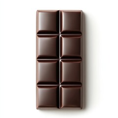 A dark rich chocolate bar with shiny, smooth surface and small square segments, isolated white background