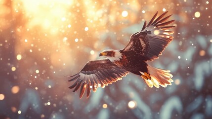 Fototapeta premium Majestic Bald Eagle in Flight, Illuminated by Golden Sunlight