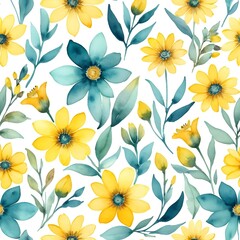 Fototapeta premium Watercolor Floral Seamless Pattern Yellow and Teal Flowers