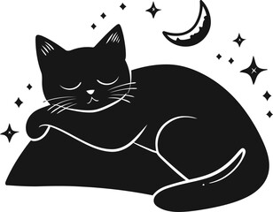 Illustration of a Sleeping Cat with Stars, Moon, and Pillow in Black Style