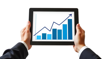 Business person holding tablet displaying financial growth chart isolated on a transparent background