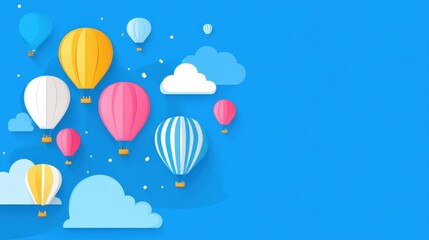 Colorful Hot Air Balloons Gliding Through Clear Blue Sky with Fluffy Clouds in Minimalist Style