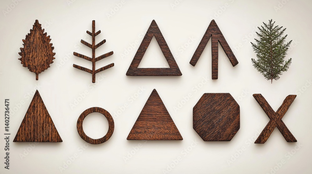 Poster a collection of nine wooden geometric shapes, each with a unique design, arranged in a grid-like pat