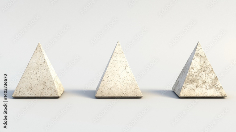 Poster three identical beige pyramids with rough texture and pointed tops are arranged in a row against a w