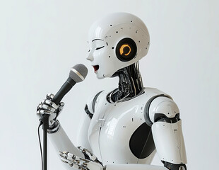 Naklejka premium humanoid robot with an AI musical passion, holding and singing into a microphone 