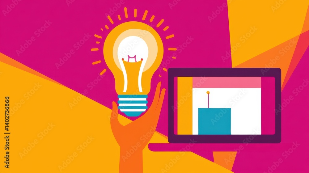 Poster creative idea generation with hand holding light bulb and digital screen in modern design style