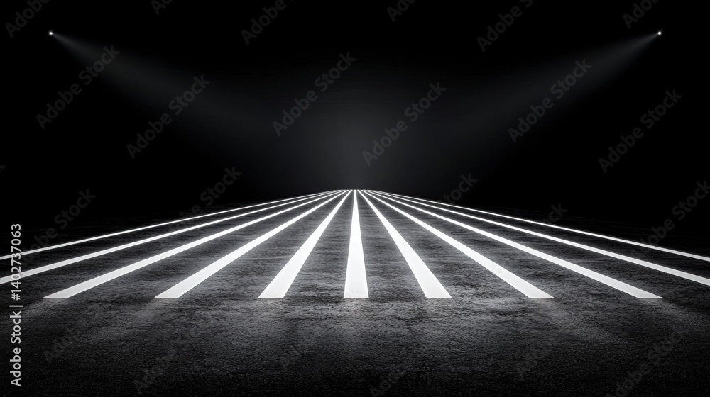 Poster a black and white image of a runway with lights on either side.
