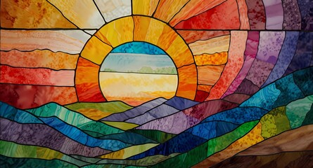 Fototapeta premium A vibrant stained glass artwork depicting a colorful sunset over a mountainous landscape design piece