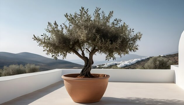 Olive Tree in Terracotta Pot on White Terrace with Panoramic View