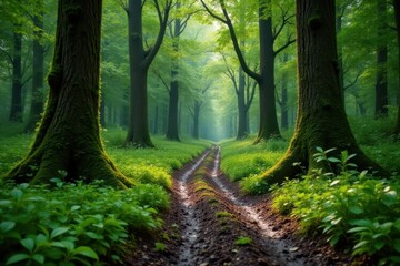 Obraz premium Muddy forest path with moss-covered trees and overgrown vegetation, texture, grunge