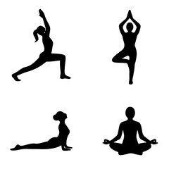 Silhouettes of women in various yoga poses, black icons representing fitness, meditation, flexibility, and mindfulness practice
