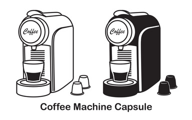 Capsule Coffee Machine Vector Outline Illustration Concept Black And White. Home Coffee Machine Vector fo Capsule and cup of Espresso Coffee Concept