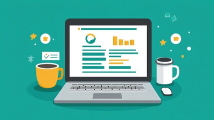 Modern Workspace Illustration with Laptop, Coffee Cups, and Data Dashboard on Teal Background