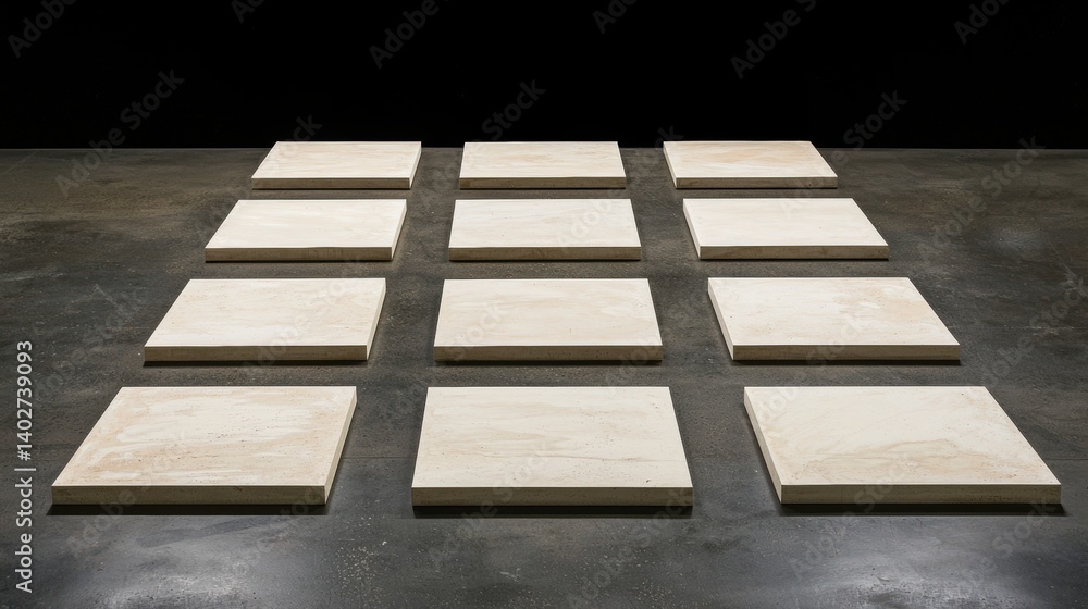 Poster a minimalist art installation featuring twelve identical white rectangular blocks arranged in a 3x4 