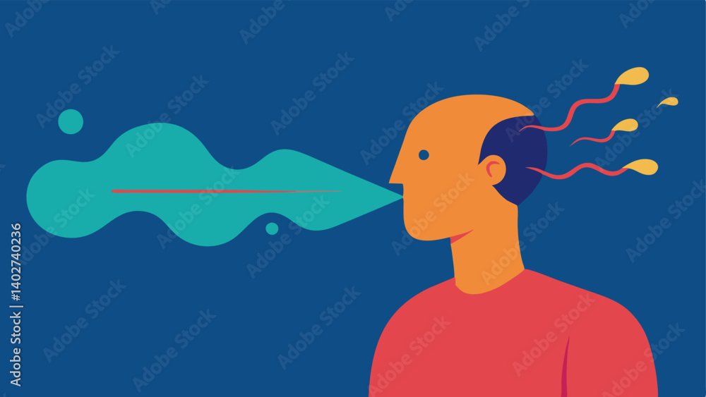 Poster stress reduction an illustration of a person exhaling with visual stress lines dissipating into air 