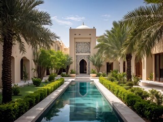 Obraz premium Luxury Courtyard with Pool and Palm Trees