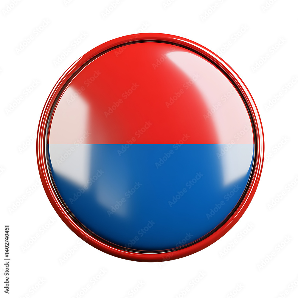 Poster glossy red and blue circle button with horizontal split, modern badge style for web icons or design 