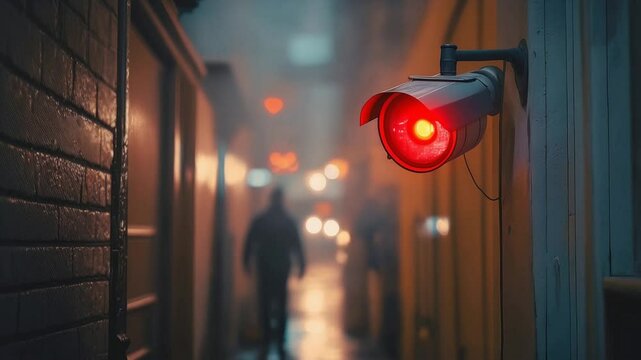 Red surveillance camera mounted on brick wall, illuminated with bright red light, overlooking dimly lit corridor with blurred background of moving silhouettes and ambient city lights