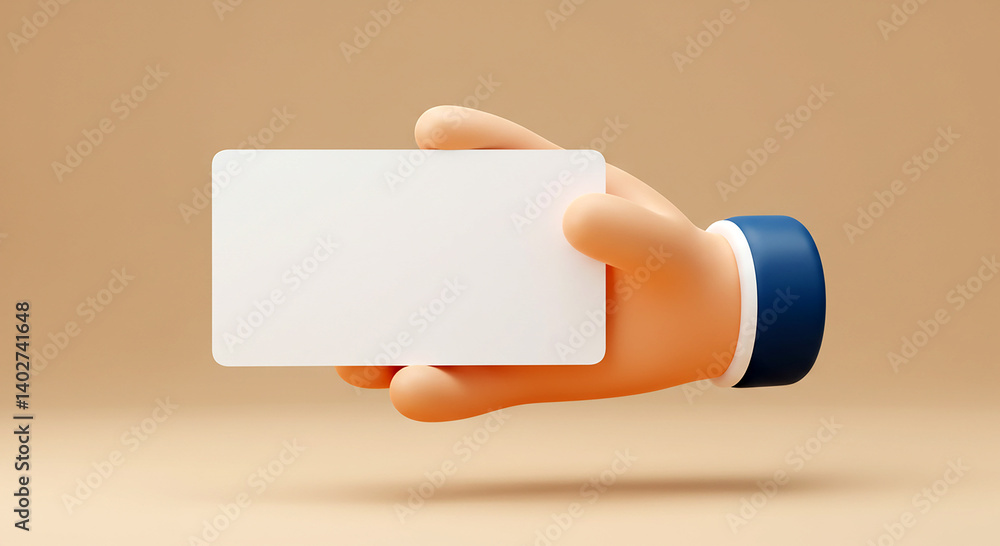 Poster cartoon hand holds a white card. empty card in cute hand. presentation or information display. templ