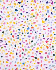 Terrazzo style texture with colorful speckles on a white base, offering a playful yet elegant look, enhanced with studio lighting. Perfect for portrait photography, product shots, or as a wallpaper ba