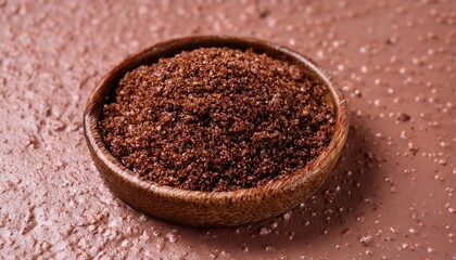 a wooden bowl filled with rich, dark brown sugar crystals