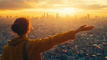 Fototapeta premium Woman reaching for success urban skyline background optimism opportunity concept for future growth achievement vibrant city view inspiring travel and finance goals 