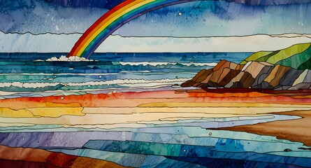 A colorful watercolor painting of a beach landscape with a rainbow in the sky above the ocean