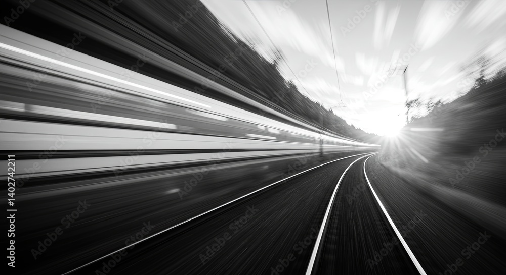 Aufkleber a train is speeding down a track with a bright sun in the background