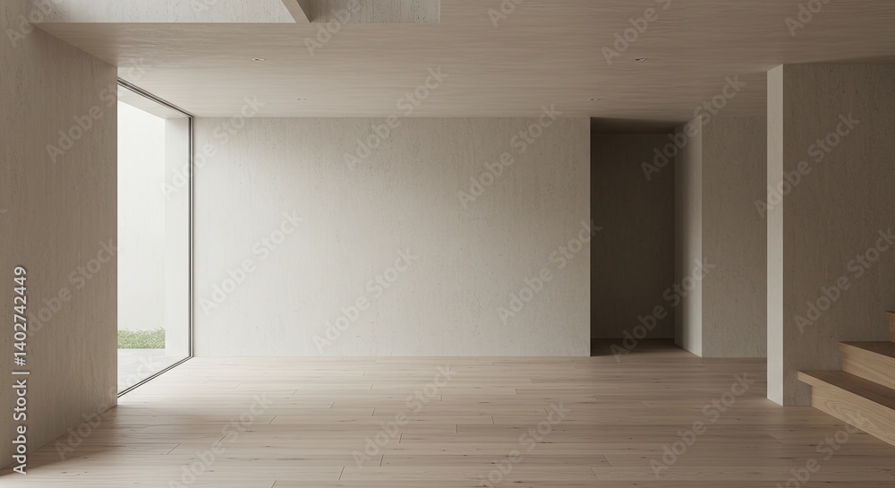 Poster A large, empty room with a window and a staircase