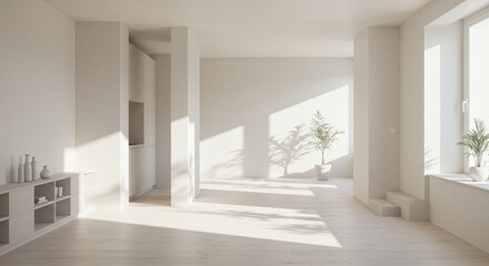 Fototapeta premium A large, empty room with a white wall and a white floor