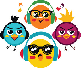 Round bird faces showing anger (steam puff), love, music vibes (headphones), chill (sunglasses) Emoji