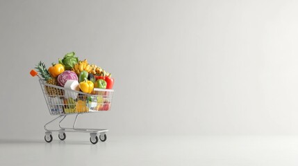 Fresh Produce and Colorful Vegetables in Shopping Cart on Simple Background